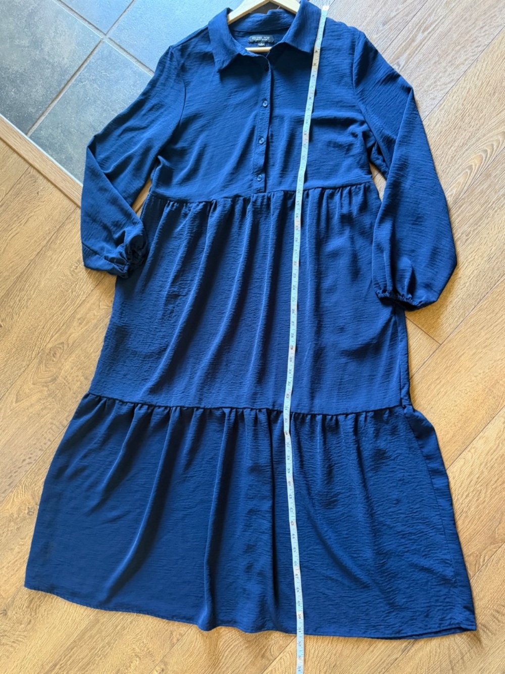Rachel Zoe Midi Dress Tiered Skirt Navy Blue Long Sleeve Button Bodice Relaxed - Picture 10 of 16